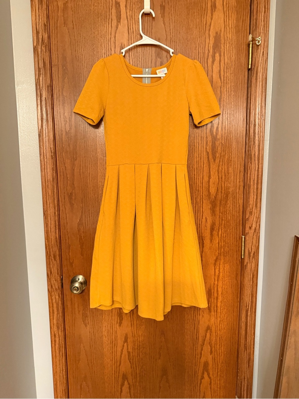 LuLaRoe Mustard Yellow Short-Sleeve Pleated Skater Dress